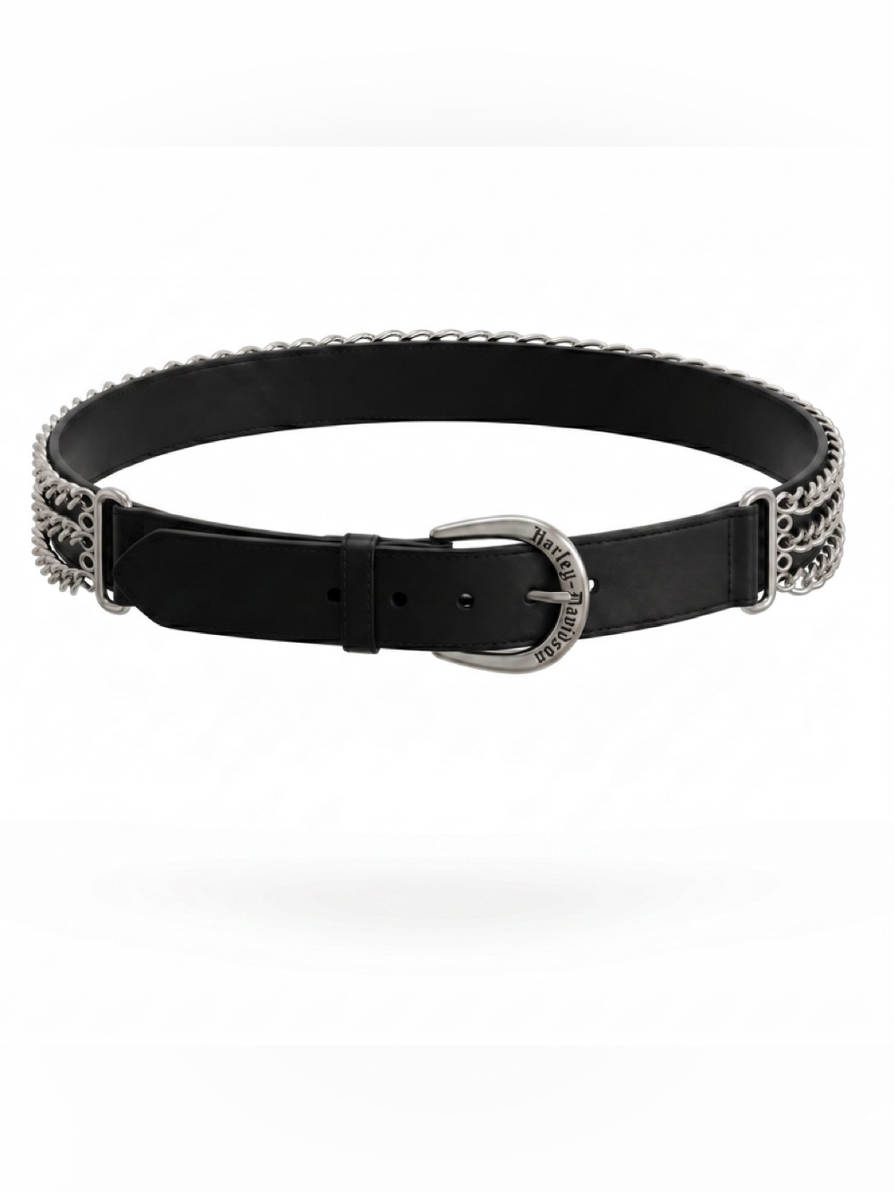 Harley-Davidson Black Leather Belt with Silver Chain Trim and Engraved Buckle